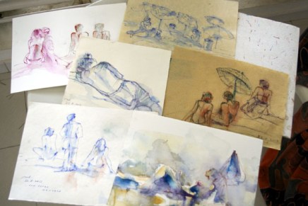 croquis-piirroksia uimarannalla