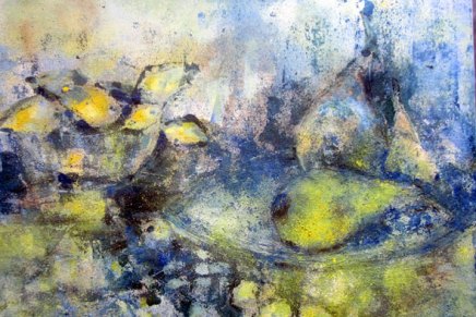 maalaus valkoisella, keltaisella ja sinisellä&nbsp;pigmentillä